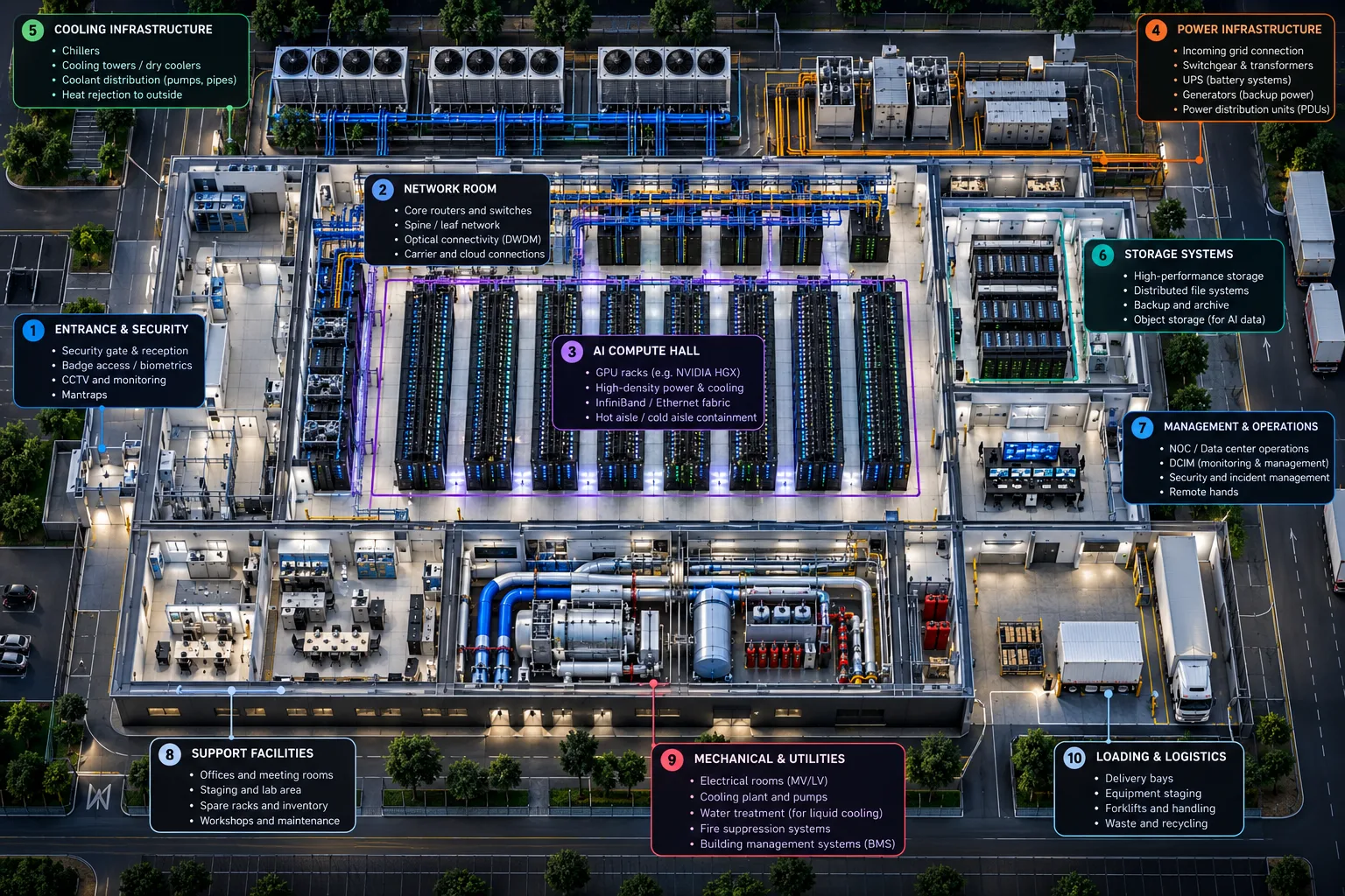 Bird's-eye view of an AI data centre: cooling plant and power yard along the top, the network room and AI compute hall in the centre, storage and the operations room on the right, support offices, mechanical plant and loading bays along the bottom.