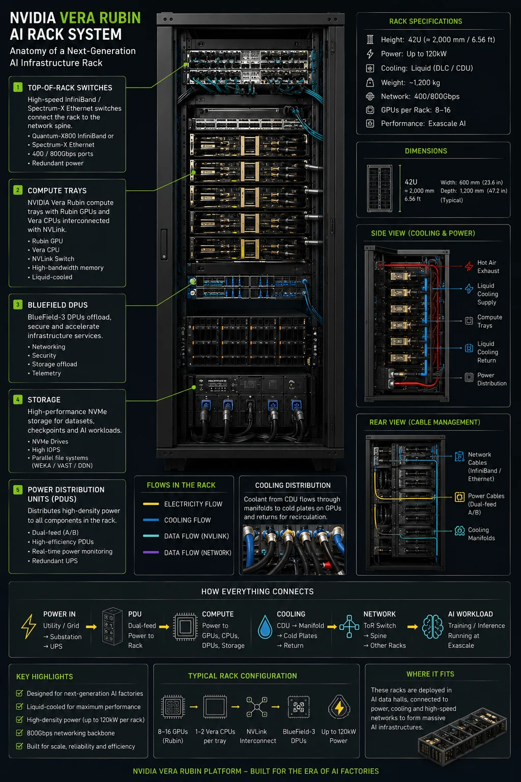 Annotated illustration of an AI compute rack. From top to bottom: top-of-rack network switches, a scale-up switch tray, a bank of compute trays holding accelerators and host processors, BlueField DPUs, NVMe storage, and power distribution units at the base. Side panels show a cooling and power section view, a rear cable-management view, and a legend for electricity, cooling, scale-up and network flows.